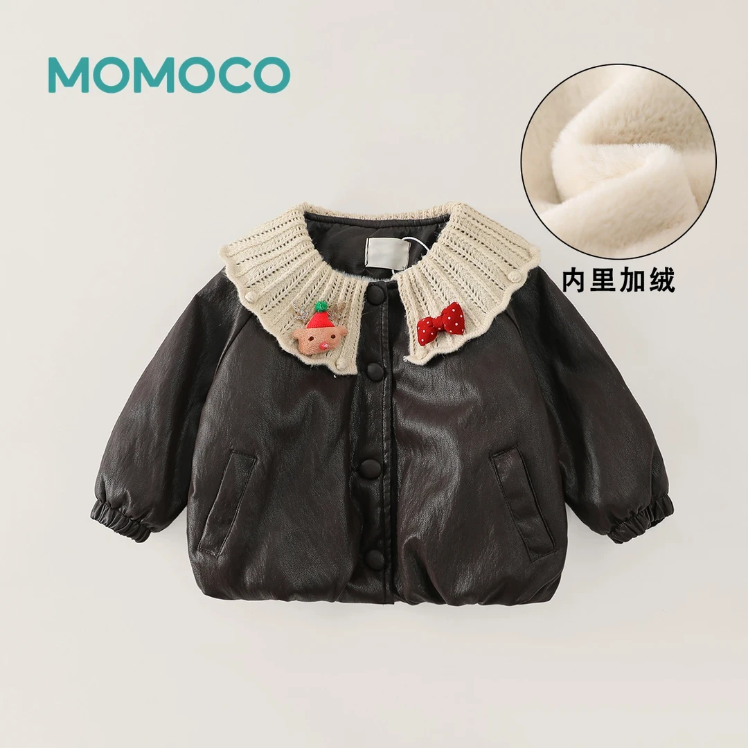 MOMOCO2025冬季女童甜美拼荷叶领甜美可爱皮衣外套77830107084