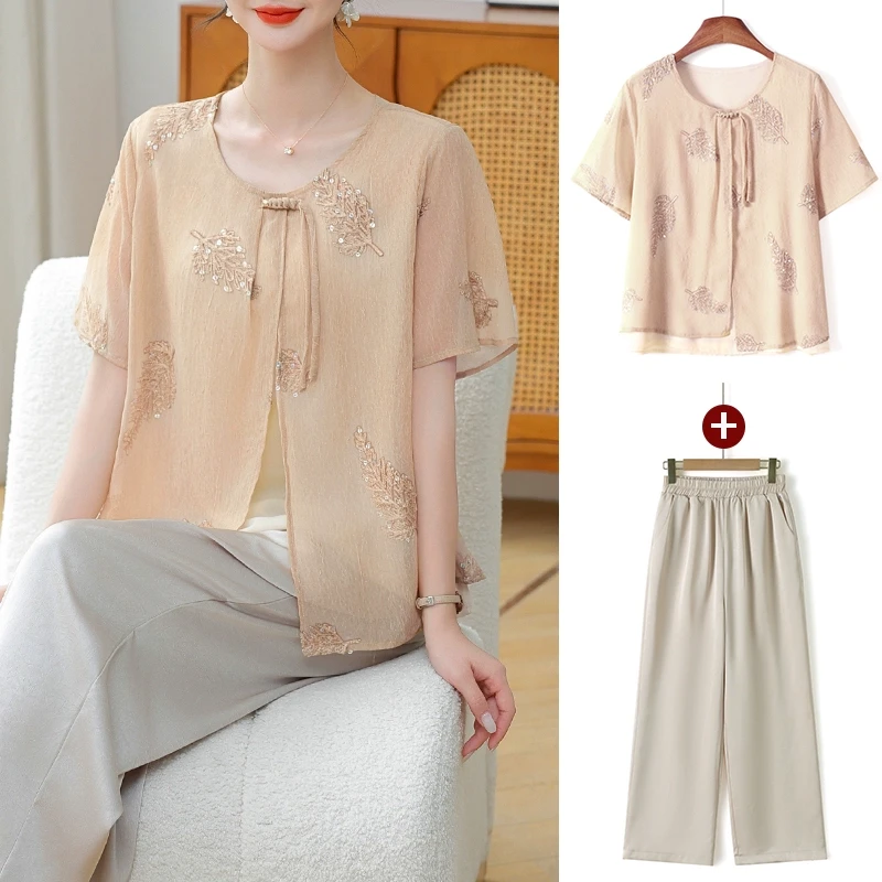 国风新中式妈妈装夏装套装新款洋气中老年人女母亲衣服高贵两件套