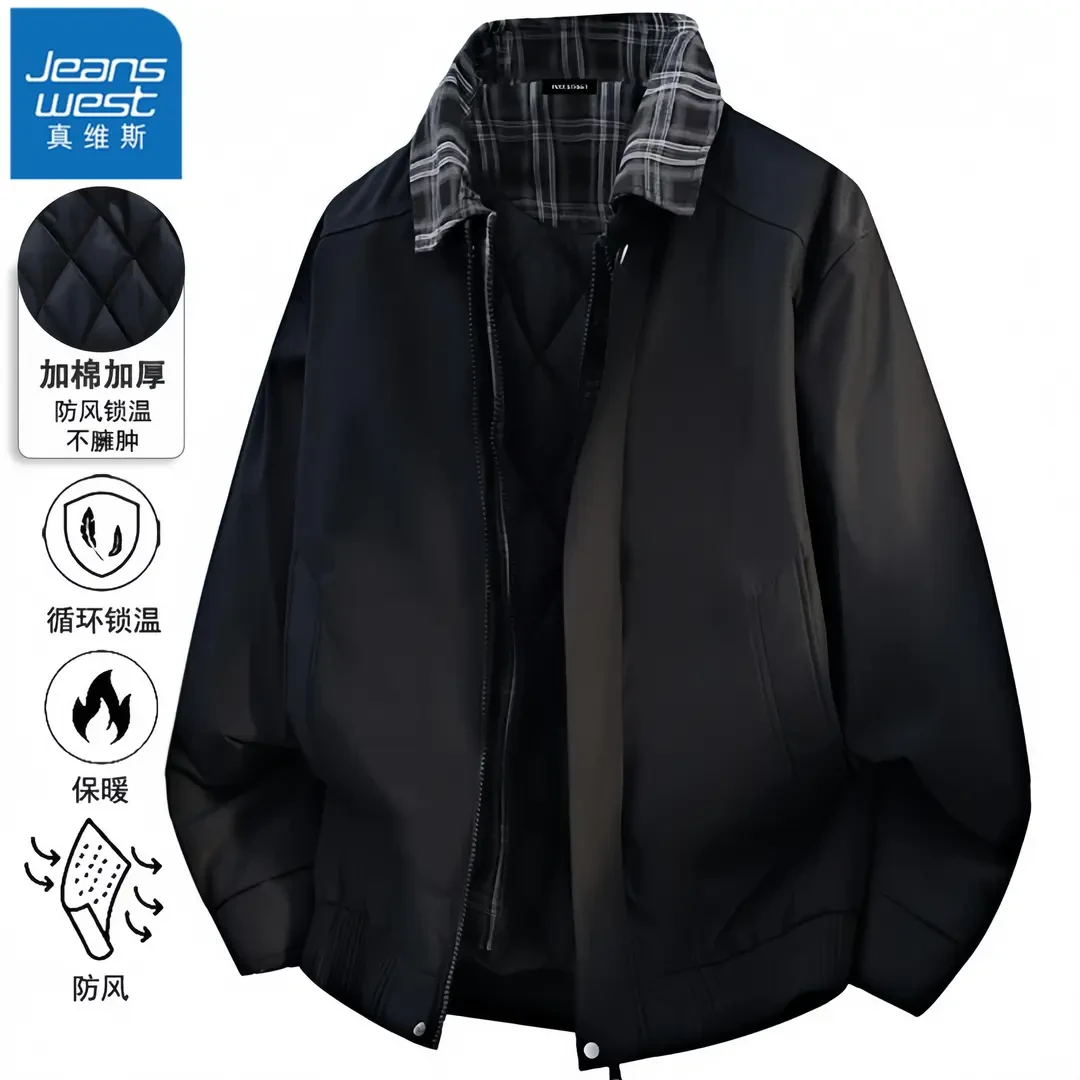 真维斯Jeanswest美式复古假两件男工装保暖棉服秋冬翻领棉衣外套