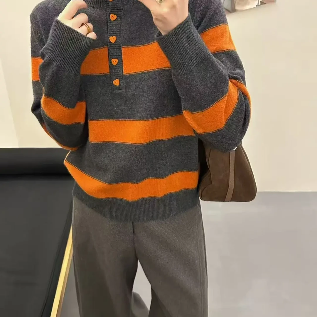 秋冬新款半高领条纹加厚保暖韩系长袖针织衫女上衣