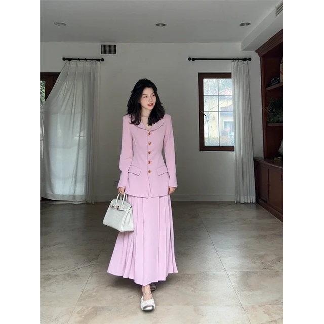 郭九九呢 气质减龄娃娃领显瘦西装外套女温柔百搭高腰百褶半身裙