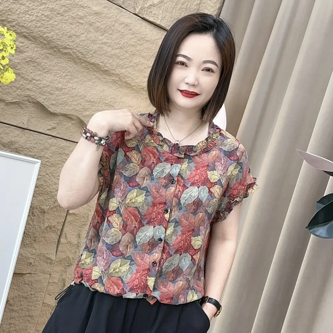2025夏季新款时尚花边领休闲减龄上衣夏装洋气印花女士显瘦短袖