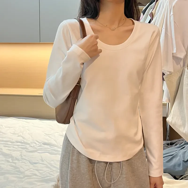 U领秋季纯色长袖打底衫上衣棉质气质舒适白色正肩t恤女保暖加绒