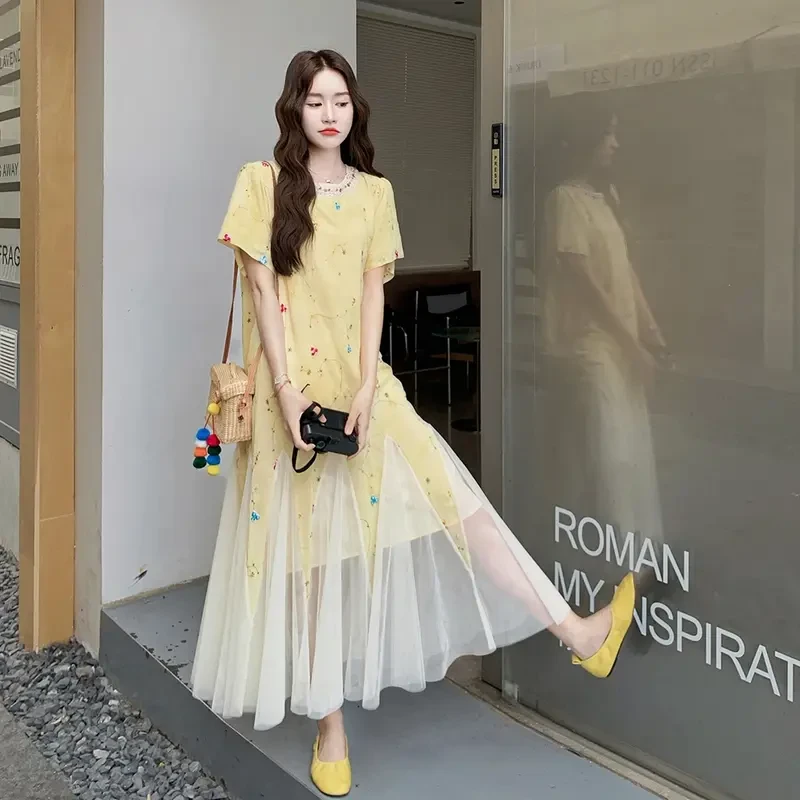 多巴胺浪漫法式网纱拼接连衣裙女2025年夏季新款别致设计感A字裙