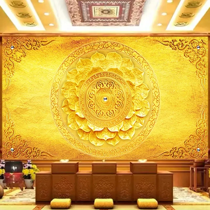 金色吊顶壁画佛堂天花板酒店背景装饰布寺庙神龛藏式唐卡墙纸