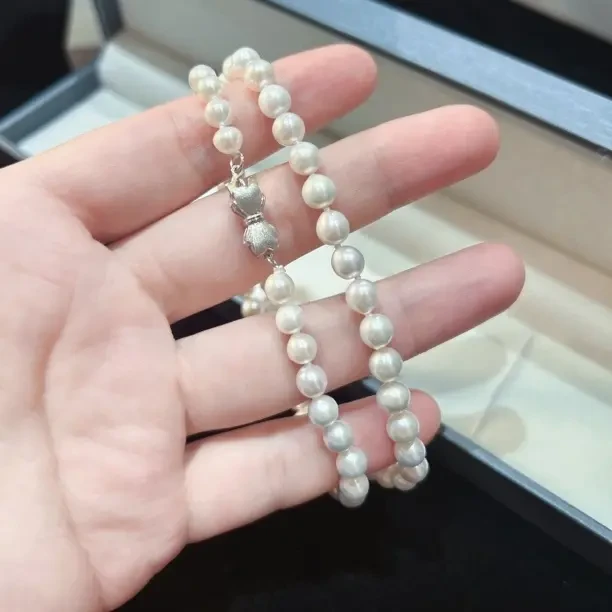 纯银精工！6-7(5.5-6.5)㎜近圆强光极极细微淡水akoya项链银精工扣