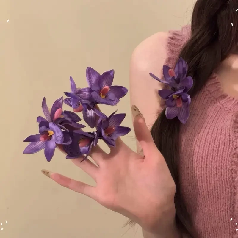 海边度假拍照紫色蕙兰花朵发夹侧边仿真假花头饰发卡夹子头花发饰