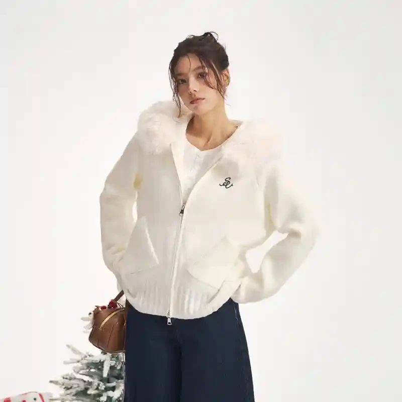 iNSLiiSA 软糯慵懒风温柔连帽毛领针织衫女春秋新款休闲百搭毛衣