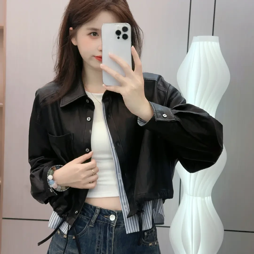 假两件抽绳皮衣外套女春秋新款小个子气质高级感翻领复古夹克上衣