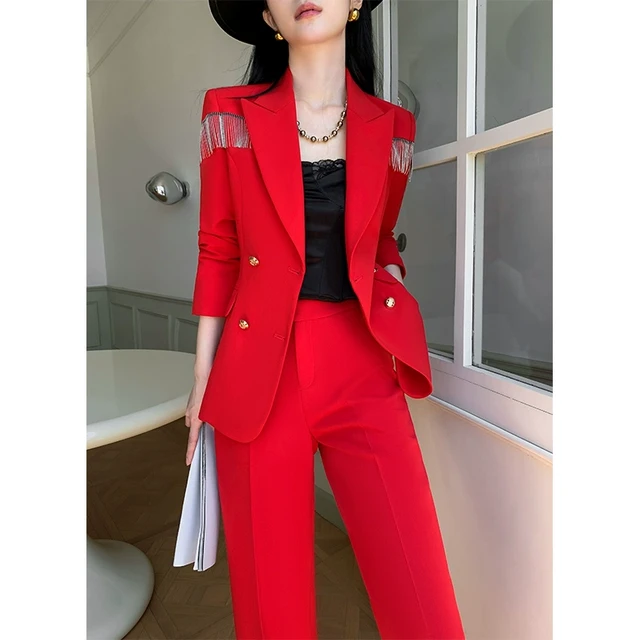 阔考新款套装红色商务主持职业装显西装西服瘦春秋季女艺裤腿2024