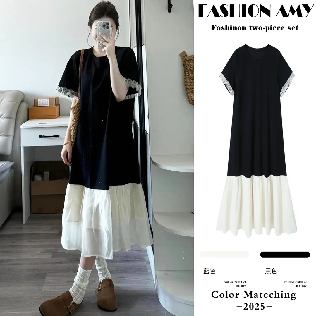 孕妇连衣裙夏季新款时尚韩版气质撞色花边拼接宽松显瘦休闲T恤裙1