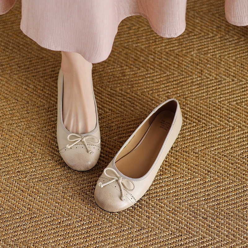 诗宝斐尔~法式复古圆头单鞋女蝴蝶结芭蕾舞平底鞋真皮软底豆豆鞋