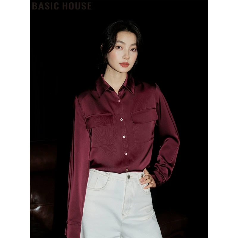 Basic House/百家好设计感口袋缎面长袖衬衫独特别致小衫女士秋冬