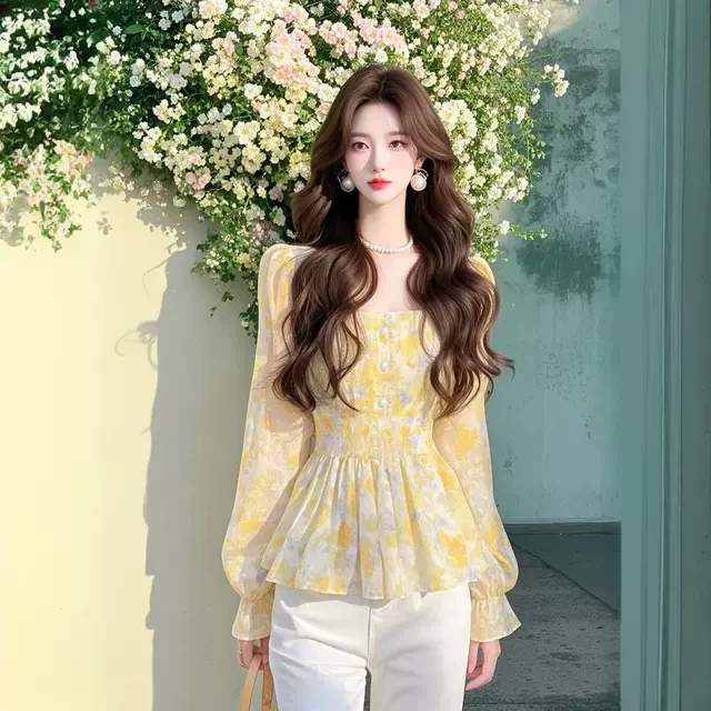 法式爆款黄色碎花衬衫女2025春季新款小个子洋气时尚减龄收腰衬衣