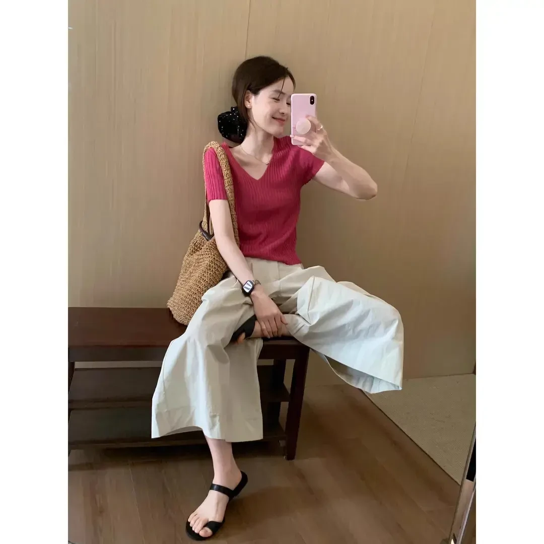 夏季ootd减龄穿搭一整套女V领薄款针织短袖t恤女休闲裤显瘦两件套