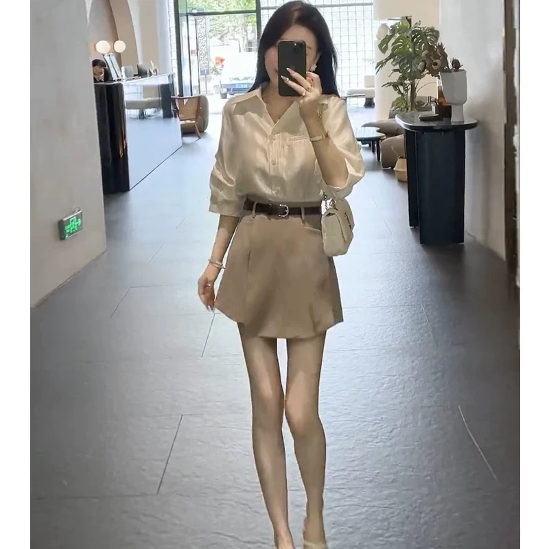 轻熟风盐系穿搭套装夏季新款高级感气质百搭衬衫西装短裤裙两件套