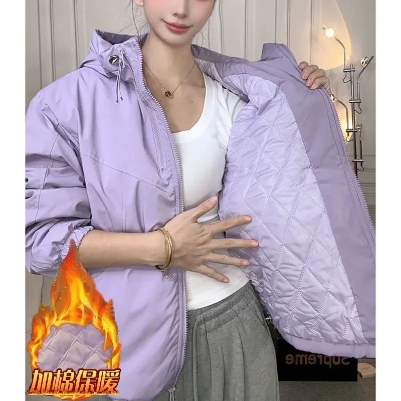 加棉2025秋冬季新款加厚冲锋衣时尚百搭夹克连帽宽松棉外套上衣女