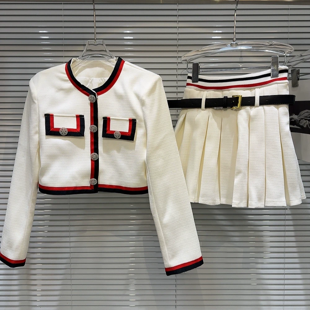 特价  2025春季新款小香风钻扣条纹螺纹边外套+腰带百褶裙套装