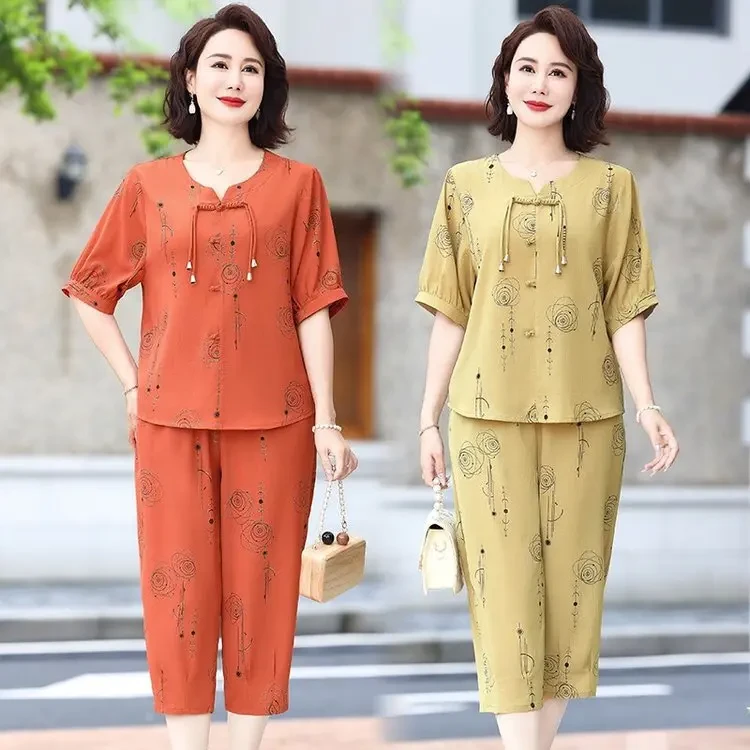 520 #夏季短袖清凉大码洋气休闲时尚烫金宽松气质妈妈套装