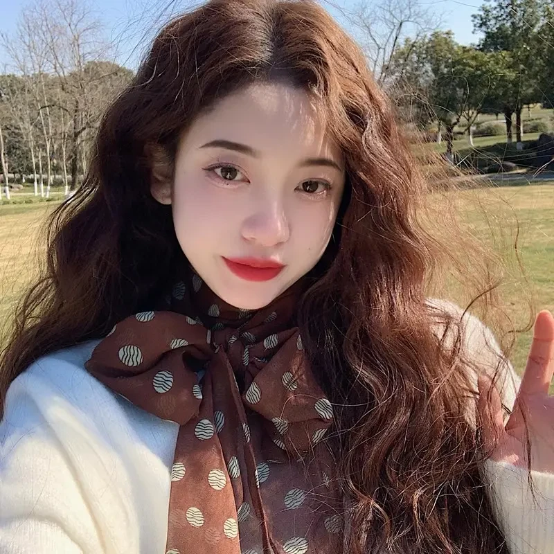 法式复古棕色波点丝巾女春秋薄款百搭小众千禧风长条领巾围巾w