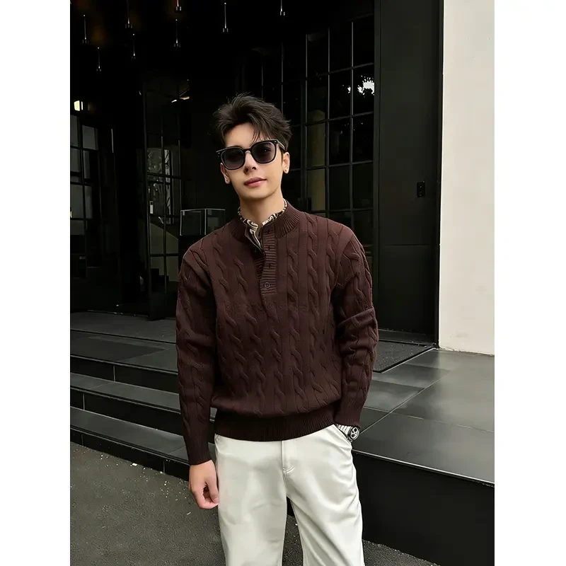 秋冬季轻奢老钱风复古绞花假两件重磅亨利领针织衫毛衣韩系百搭男