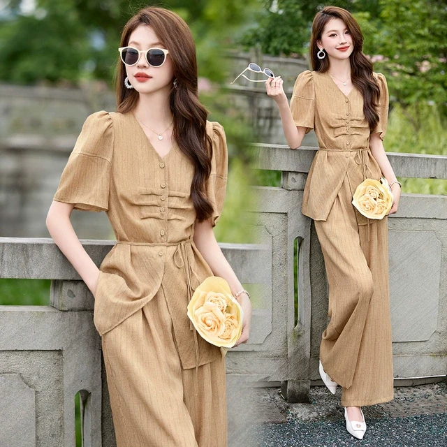 休闲时尚职业套装女2024夏季新款设计感气质高腰垂感阔腿裤两件套