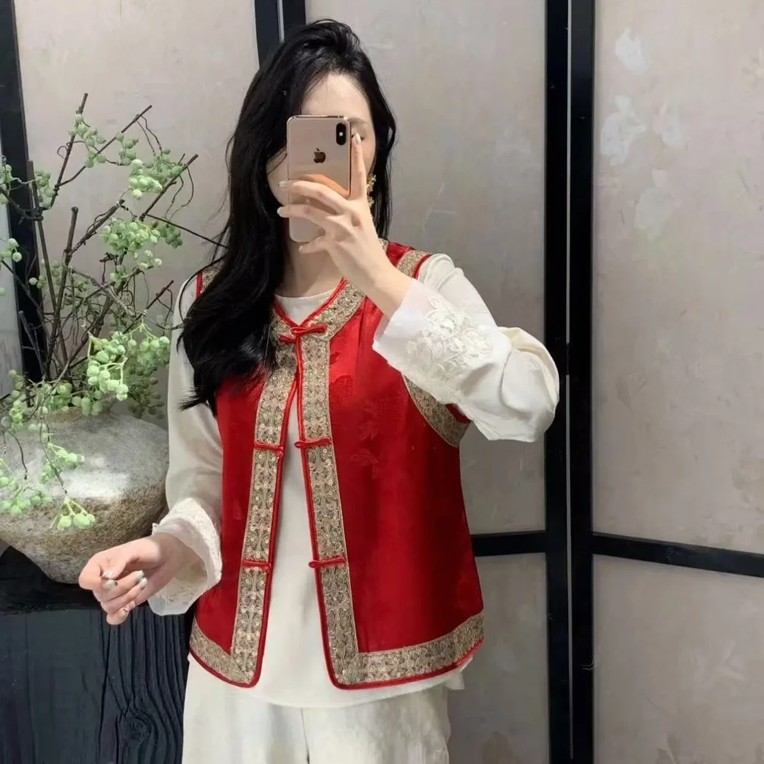 拼接复古国风薄款刺绣马甲开衫民族风女