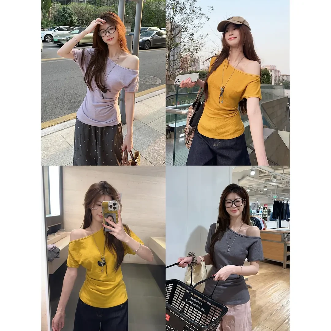 时尚百搭斜领掐腰显瘦露肩短袖T恤女侧边收褶肌理感上衣小众性感