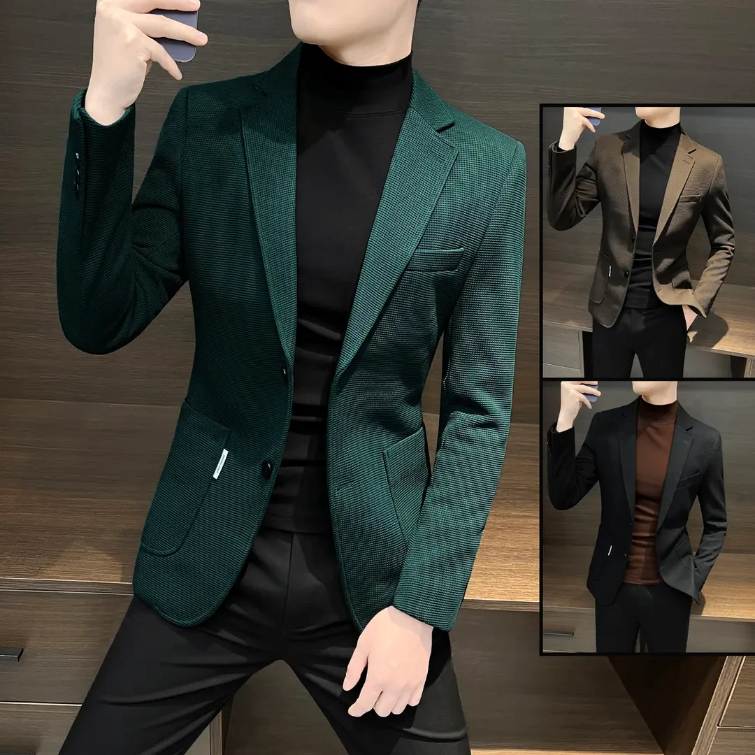 华夫格西服外套男士秋季成熟痞帅男装时尚潮流修身商务休闲小西装