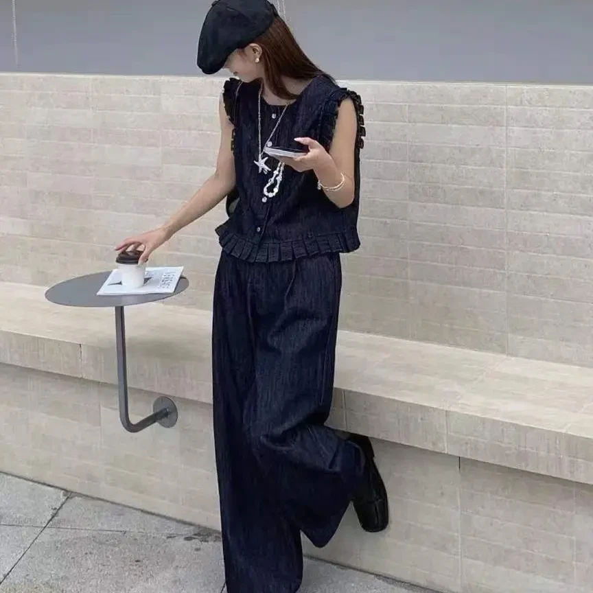 美美推荐 25018 秋季法式无袖马甲搭配显瘦阔腿牛仔裤时尚套装
