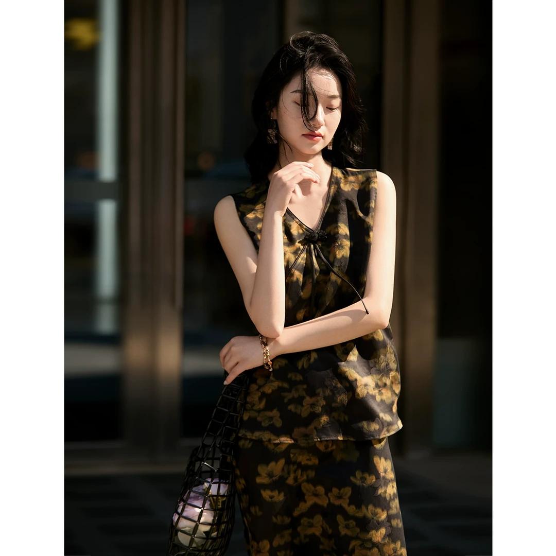 【浮金墨兰-花萝香云纱套装】新中式桑蚕丝背心半裙新品SQA880334MG