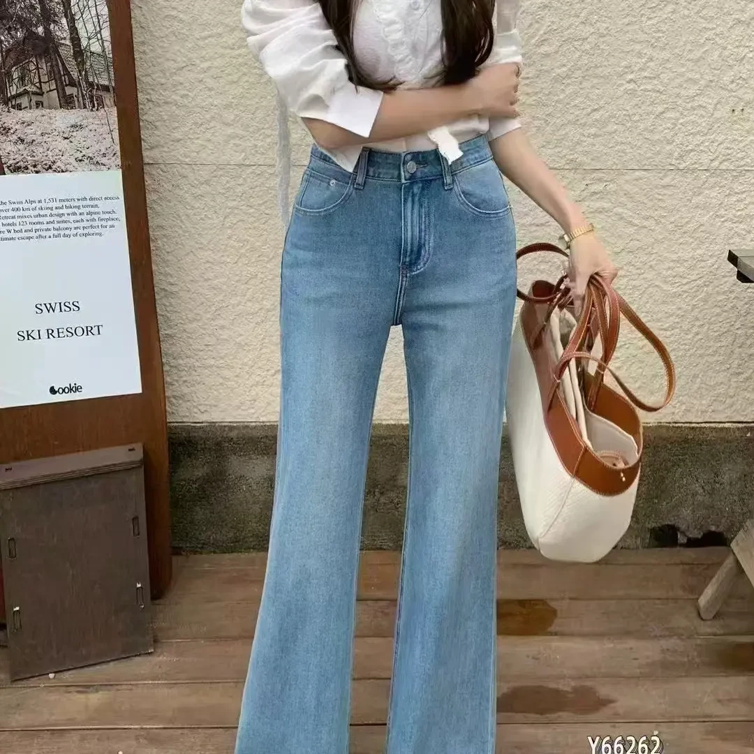 浅蓝色微喇叭牛仔裤女高腰显腿长弹力拖地休闲裤