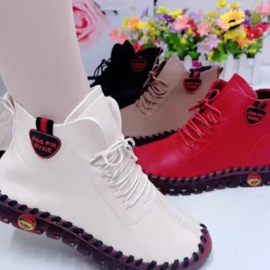 保暖防滑编织缝制运动圆头高帮鞋秋冬极简风刺绣纯色妈妈鞋冬季