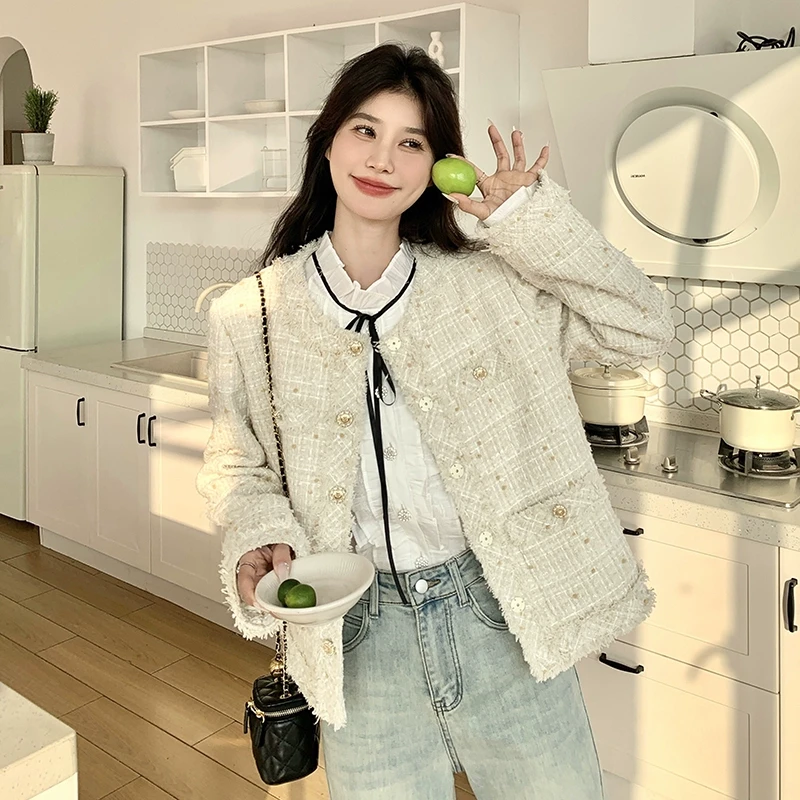 法式粗花呢白色小香风外套女2025春秋新款名媛气质小个子短款上衣