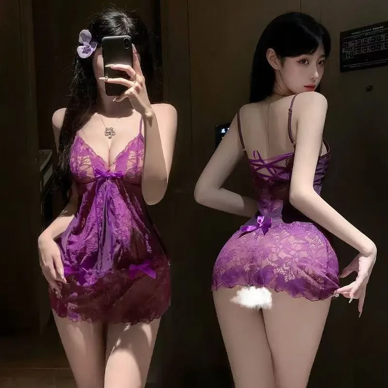 紫色性感内衣睡衣镂空蕾丝绑带透视吊带制服纯欲诱惑睡裙