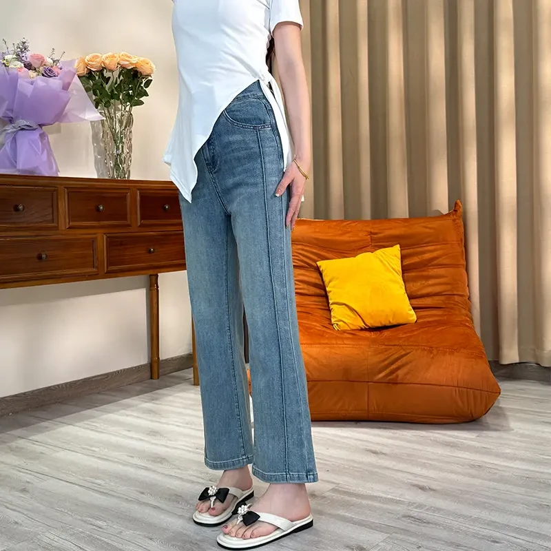 早秋新款不贴腿拼接九分微喇叭裤女时尚显瘦高腰小个子八分直筒裤