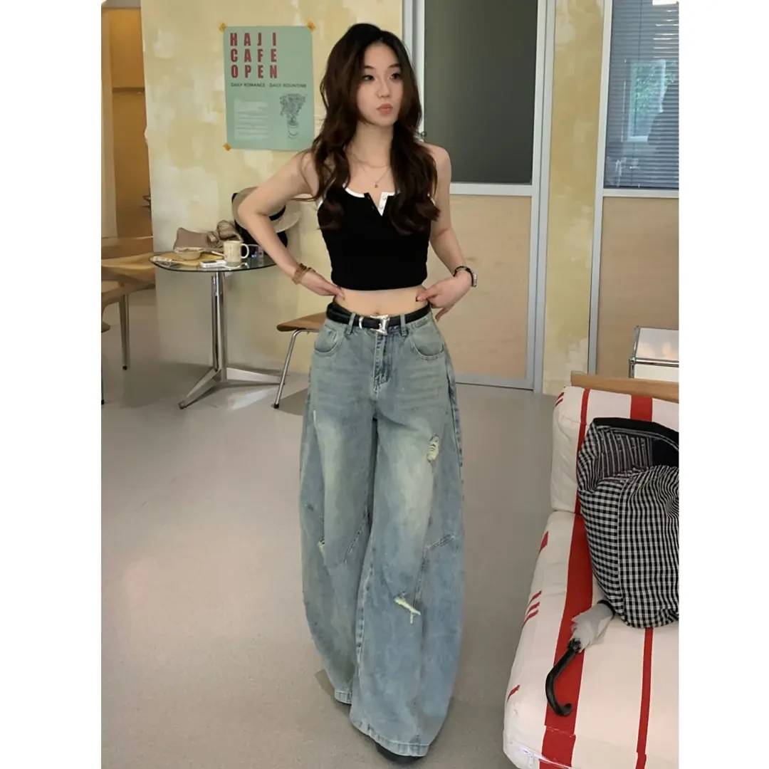 春夏美式复古弯刀破洞牛仔裤男女同款阔腿高腰百搭直筒宽松拖地裤