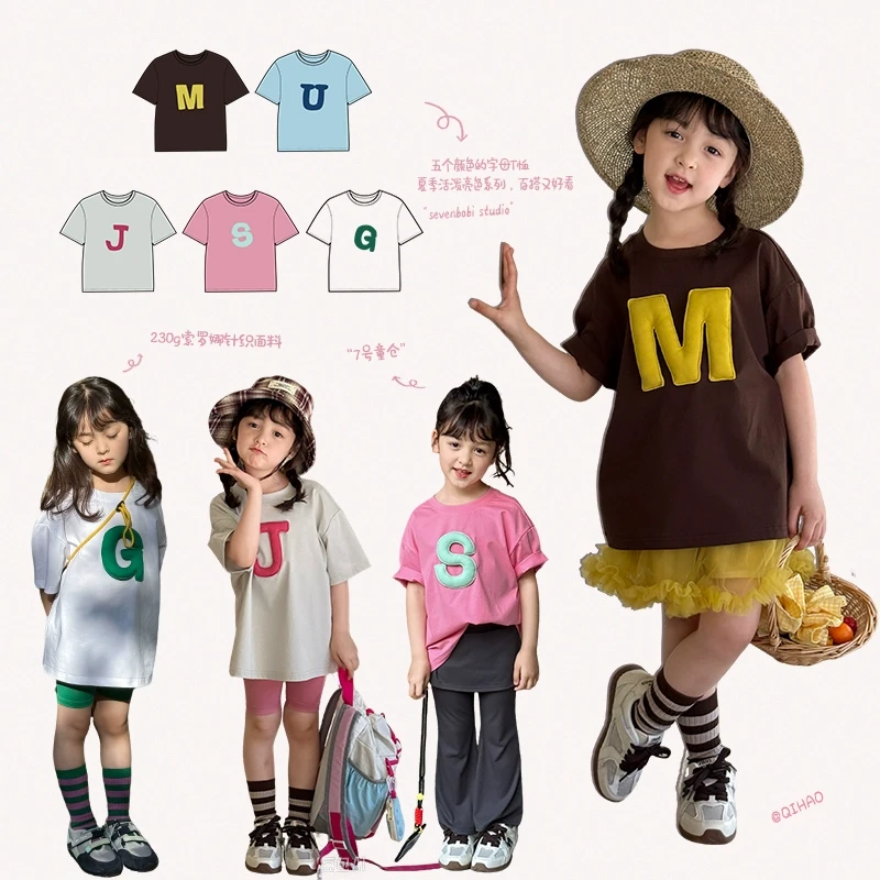SKD2525女大童韩版洋气短袖T恤夏装新款儿童立体字母卡通上衣潮