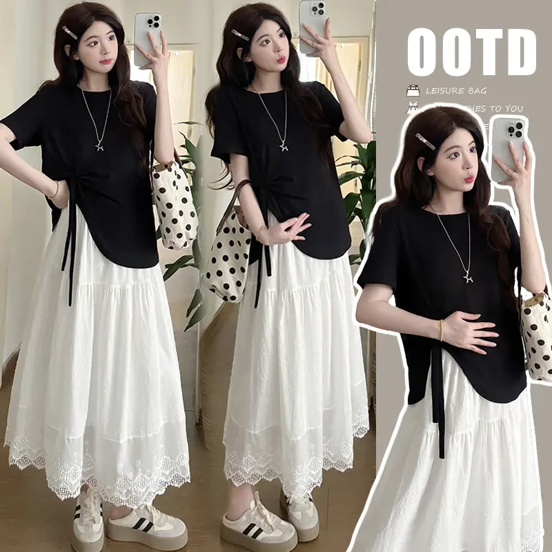 2025夏季新品设计感纯棉短袖T恤上衣 猪鼻扣半身裙孕妇套装