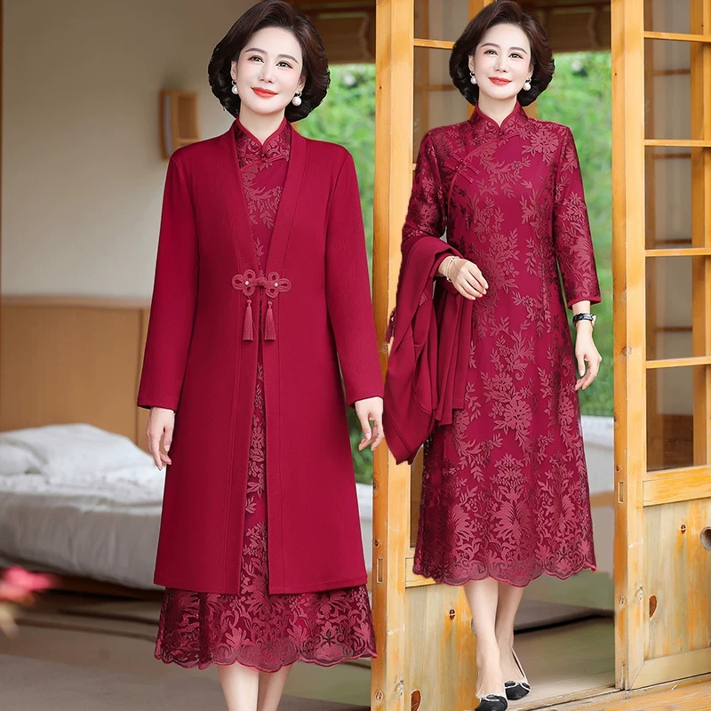 妈妈装连衣裙两件套装春秋款改良旗袍裙子中老年女装高贵婚宴礼服