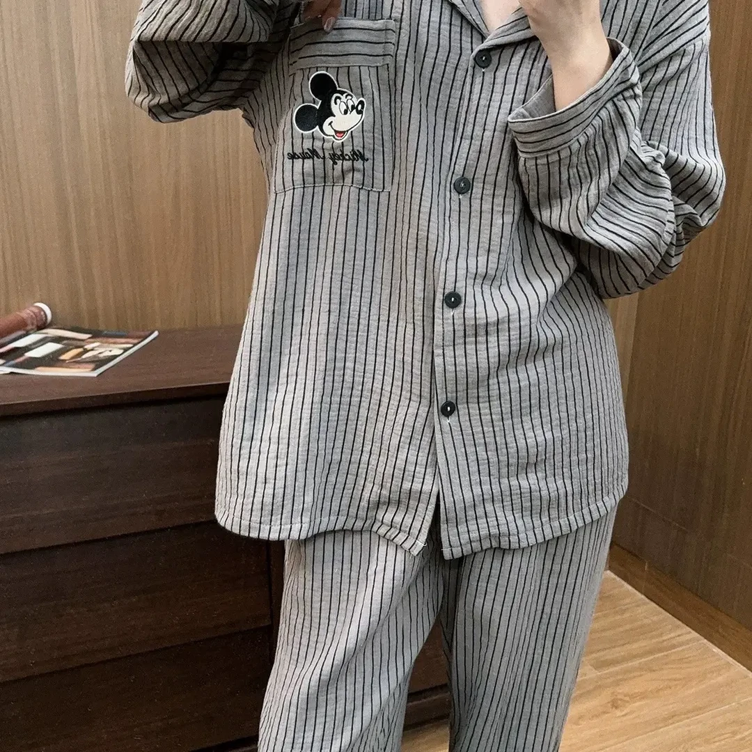 日系条纹米奇婴儿棉纱长袖长裤春秋季情侣睡衣家居服套装