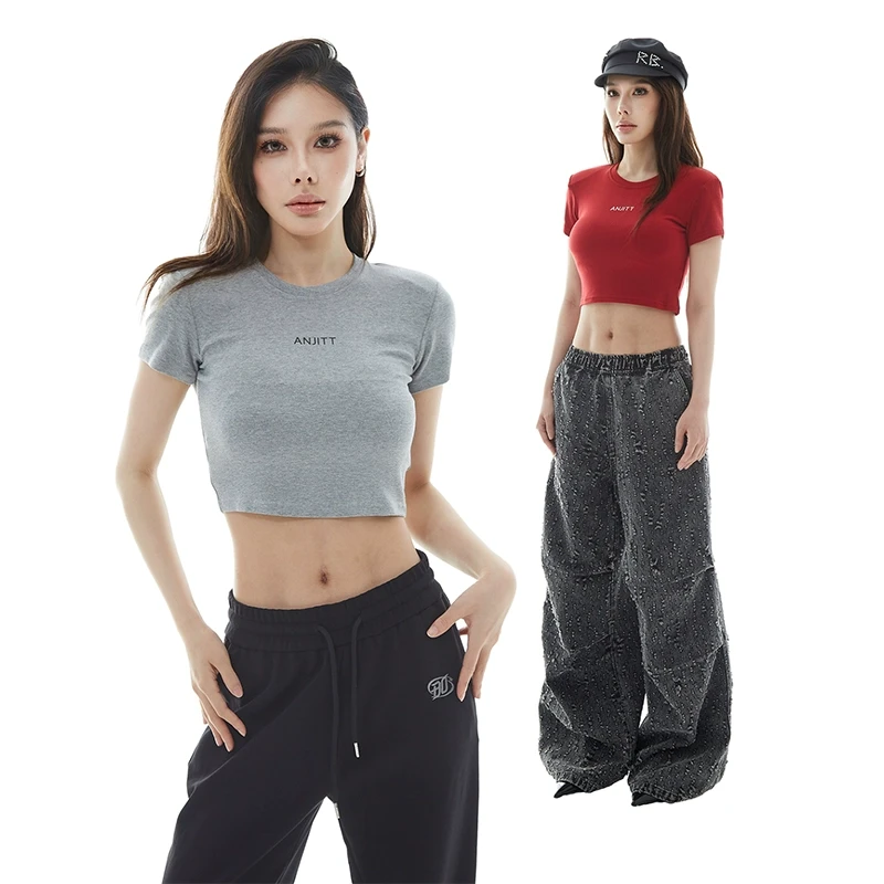 ANJITT 2023新款性感露脐紧身针织打底衫女百搭高级感内搭女春夏