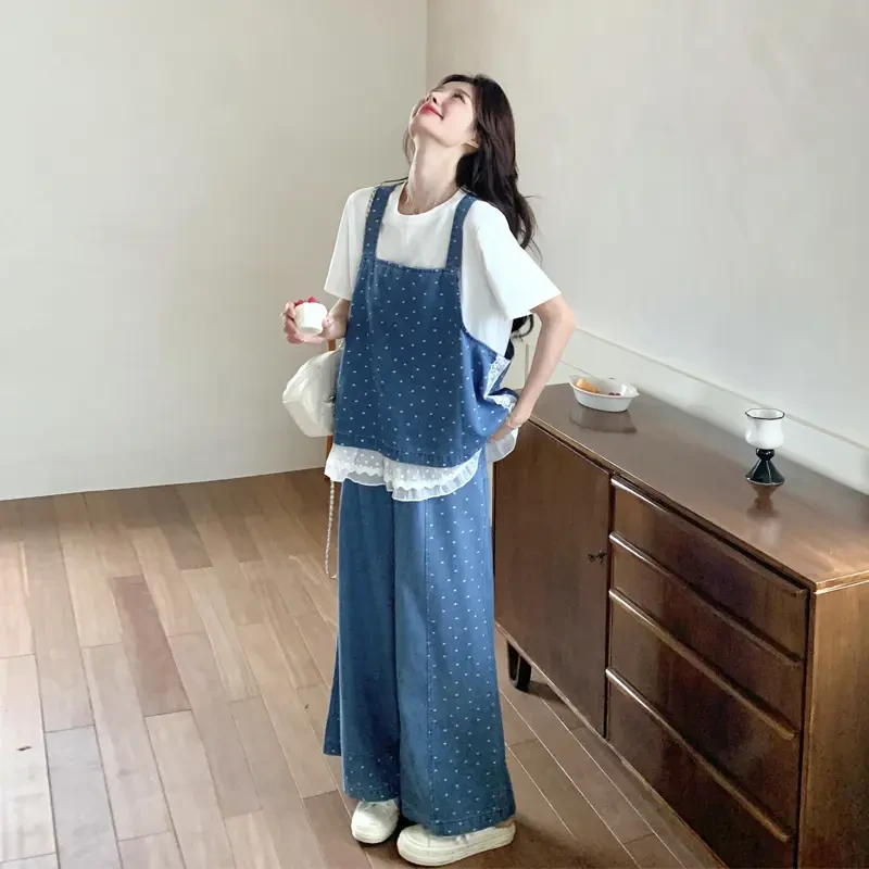 复古氛围感波点牛仔套装裤2025女夏新款韩系小清新T恤吊带阔腿裤