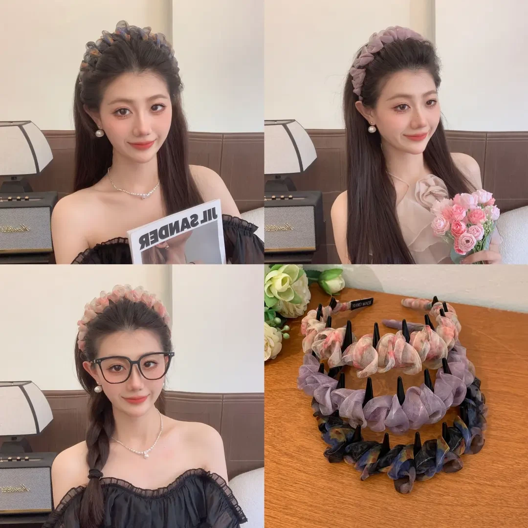 【炫彩渐变】超仙褶皱网纱波浪发箍女夏季带齿防滑高颅顶头箍发饰