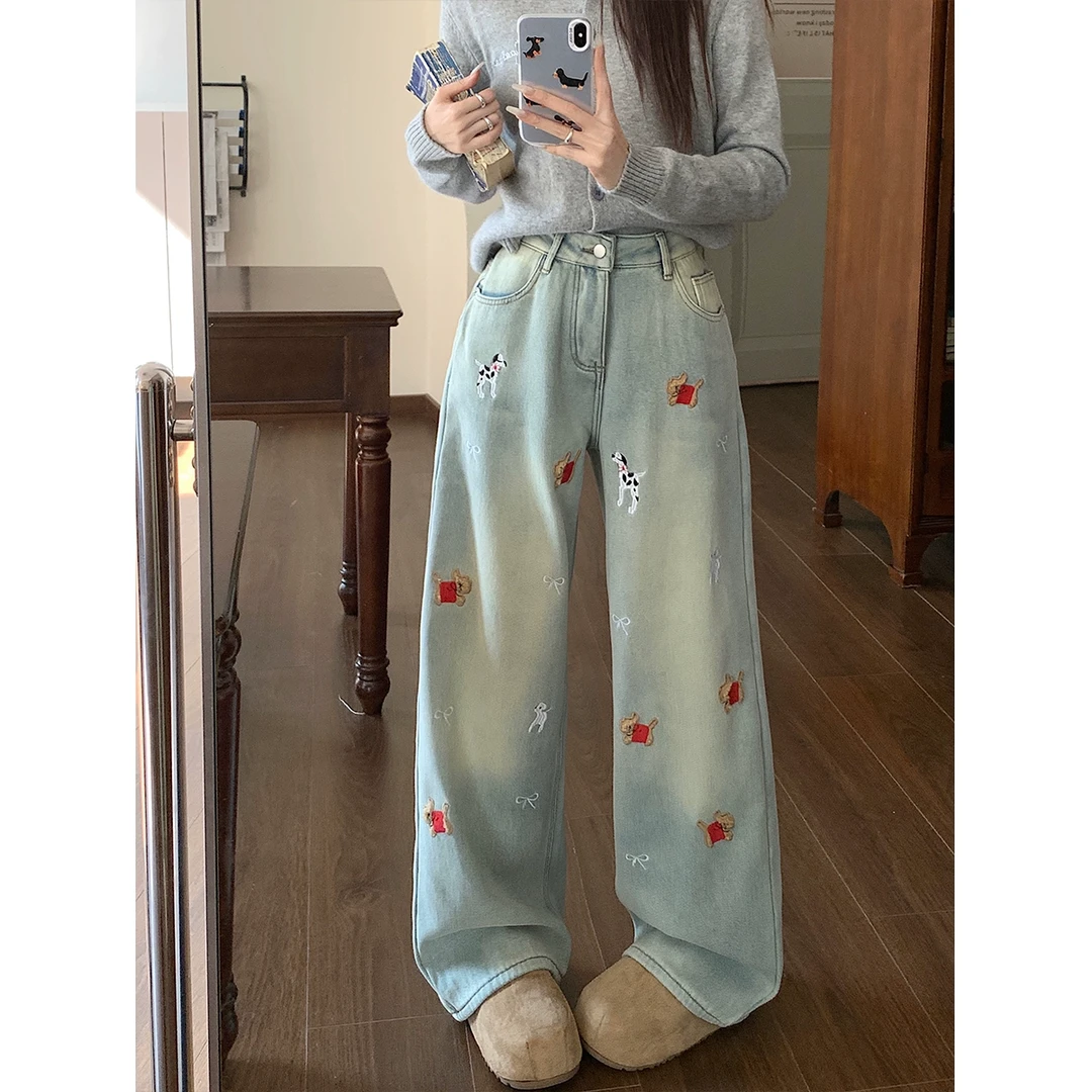 【现现专场】韩版独特刺绣牛仔裤女大码胖mm高腰显瘦直筒阔腿裤子