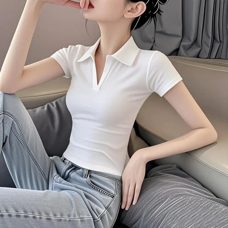 2025新款夏季polo领黑色修身百搭设计感小众正肩短袖T恤女上衣潮