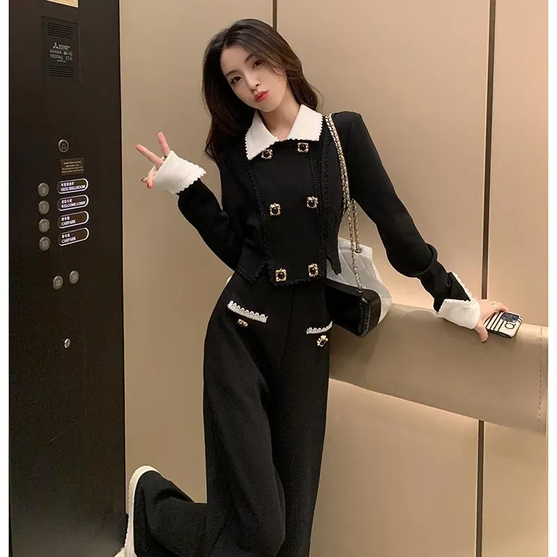 开春穿搭黑色小香风时尚套装女春秋高级感减龄休闲阔腿裤两件套装