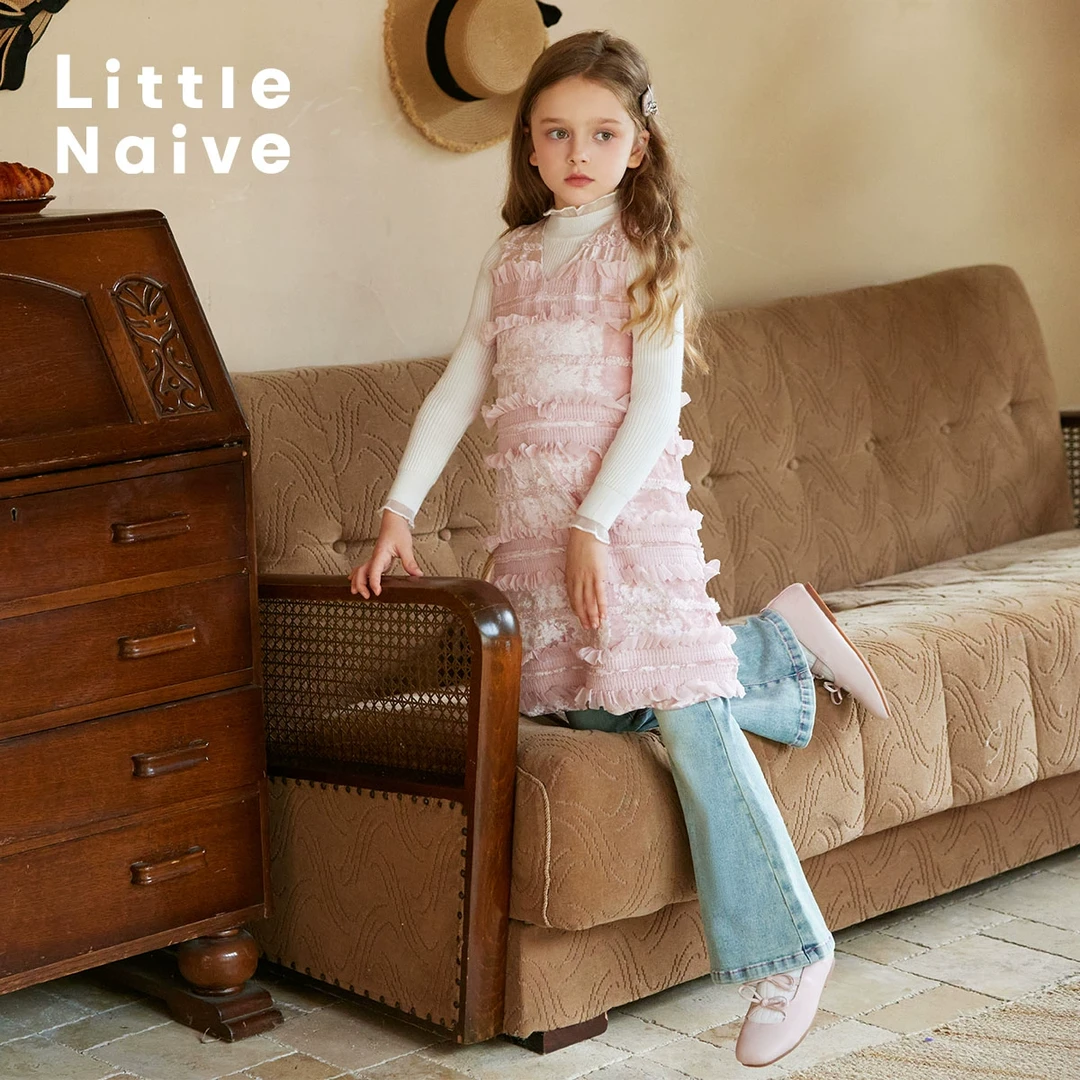LittleNaive女童加绒连衣裙冬季新款V领秋装儿童丝绒绣花背心裙
