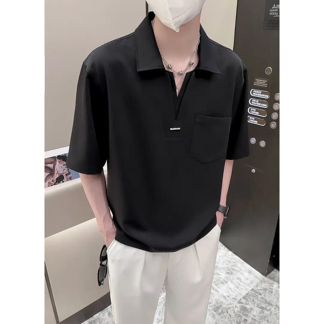 阿航男装 2025夏季垂感套头v领假两件设计款时尚衬衫潮流透气半袖