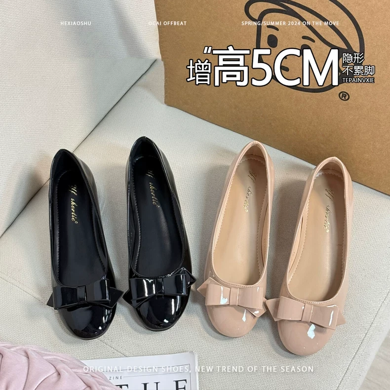 羊皮版法式内增高蝴蝶结单鞋女2025平底新款百搭浅口小个子女鞋